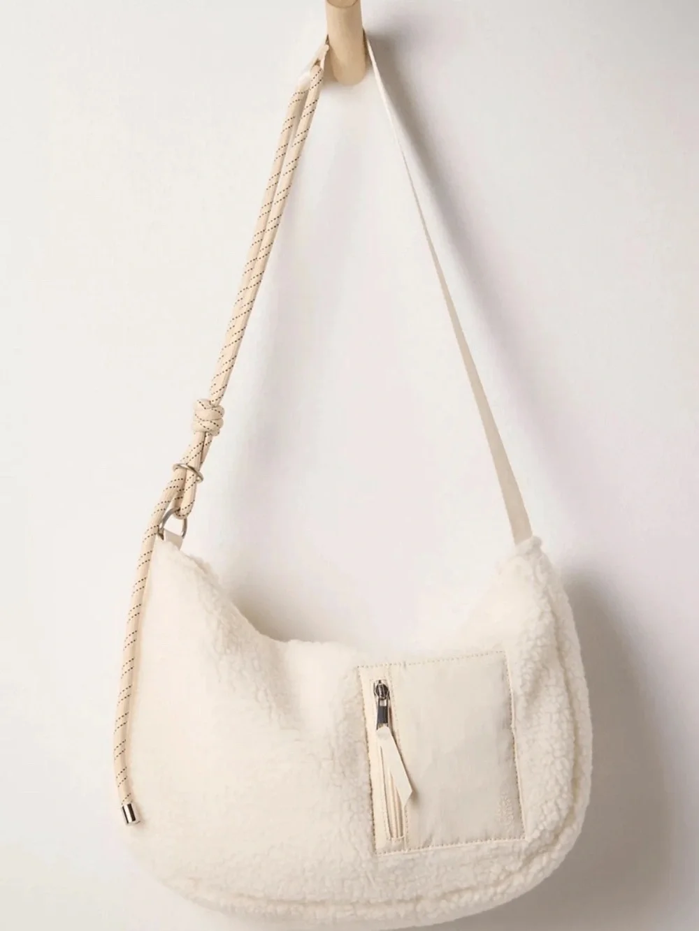 Free People Slopes Sling Bag Cream Sherpa Hobo Bag with Front Zip Pocket